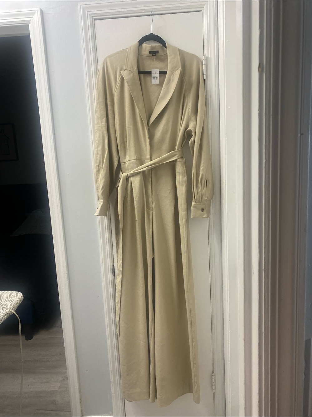 Notched Collar Cream Belted Long-Sleeve Jumpsuit